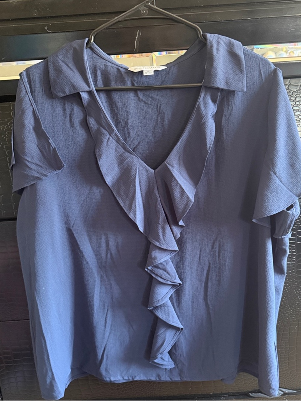 Counterparts Navy Ruffle V-Neck Short Sleeve Blouse